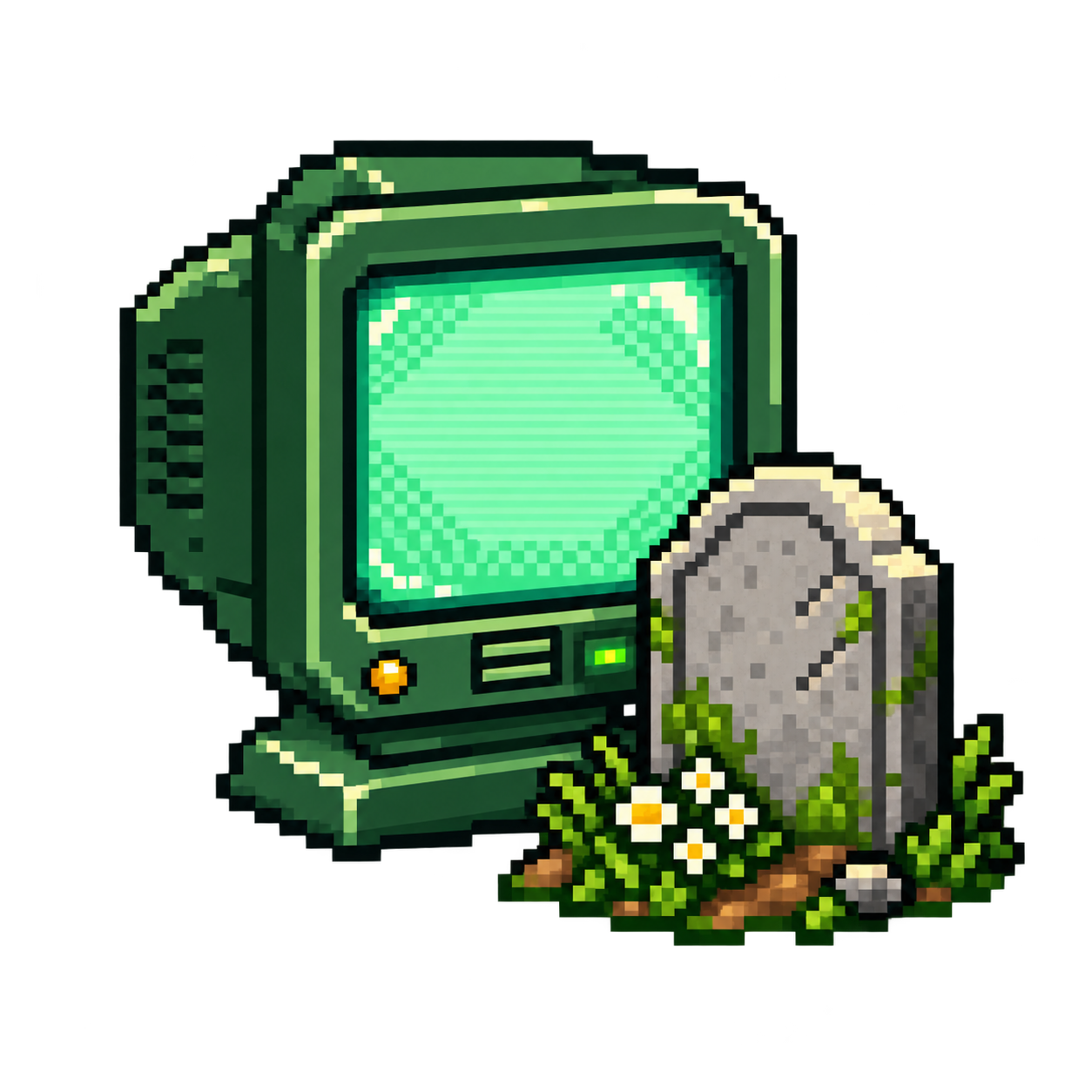 Pixel-art computer screen and gravestone